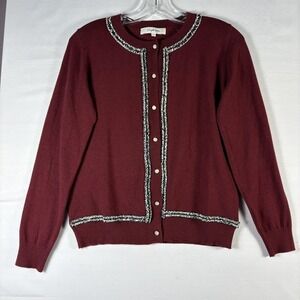 Simple Retro womens button up cardigan burgandy with trim long sleeve Large